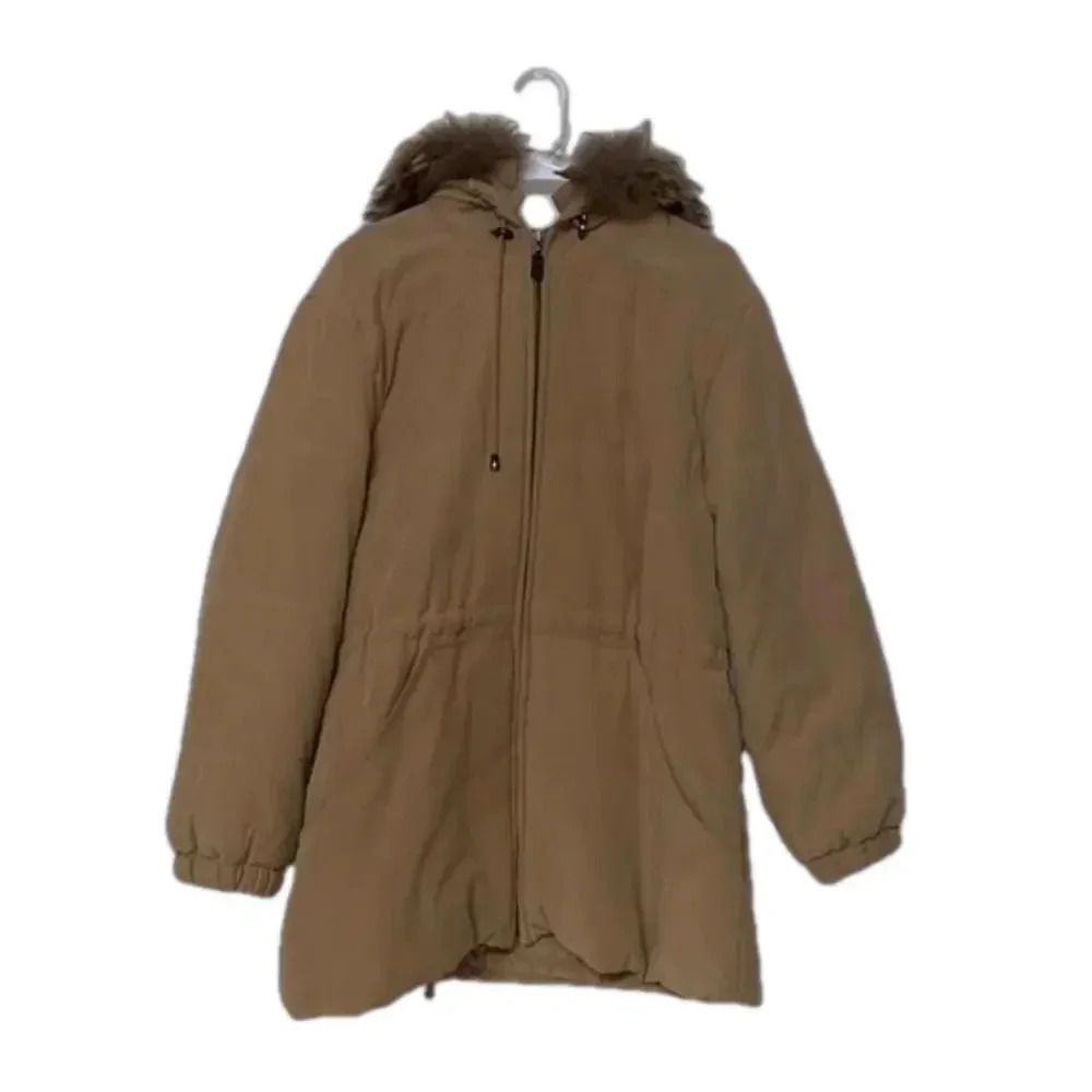 Imperfect winter coat made in Russia removable raccoon fur large tan heavy coat